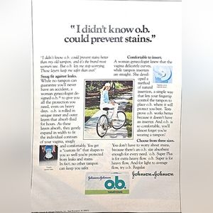 Johnson & Johnson OB Tampons Vintage 1980 Print Ad Woman On bicycle No Stains